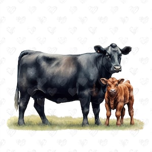 May include: Watercolor illustration of a black cow and a brown calf standing on green grass. The cow is larger and stands beside the calf. The background is white with a pattern of hearts.