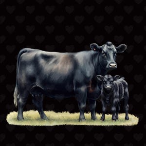 May include: A black cow and calf standing in a field of green grass. The cow is larger than the calf and has a dark brown nose. The calf is smaller and has a lighter brown nose.