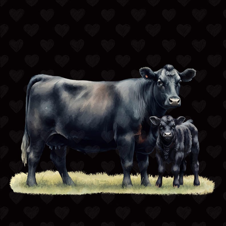 May include: A black cow and calf standing in a field of green grass. The cow is larger than the calf and has a dark brown nose. The calf is smaller and has a lighter brown nose.