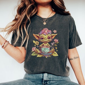 Cute Goblin Tea Fairy Unisex T-shirt, goblincore shirt, cute mushroom forest graphic tee, cottagecore, floral aesthetic tea lover gen z gift