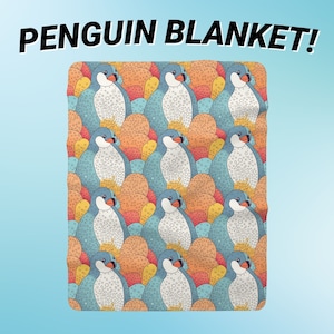 Penguin Sherpa Fleece Blanket, cute penguin blanket, penguin lover gift, penguin baby blanket, cartoon penguin blanket penguin art blanket