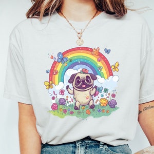 Happy Pug Unisex T-Shirt, cute pug with rainbow and butterflies shirt dog lover gift pug mom cheerful puppy colorful fun dog graphic tees