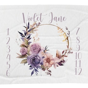 Maandelijkse paarse bloemen pluche deken babyleeftijd voor meisjes - decor kinderkamer, mijlpaalmarkering, babyfotografie prop, zachte knuffeldeken,