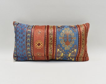 Ethnic Design Pillow cover, Chenille pillow, Modern decor, Boho decor, 8x16 inches pillow, Home decor, Blue and Terracotta Pillow cover