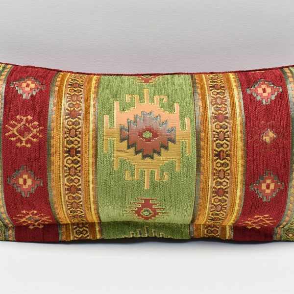 Turkish Pillow Cover, Green and Red color, Oriental Chenille pillow, Ethnic Accent pillow, 10x20 inches pillow, Modern Sofa Pillow cover