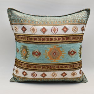 Euro sham Cushion case Kilim Design Pillow cover, Chenille Turkish pillow, Baby Blue 20x20 inches Boho Decor pillow Modern Sofa Pillow cover
