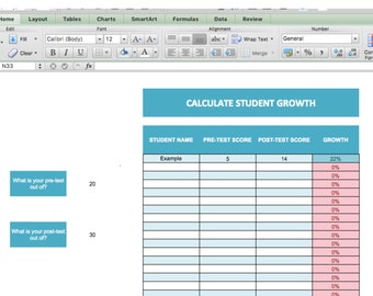 Excel-sjabloon voor studentengroei, Excel-sjabloon voor docent, groei automatisch berekenen, pre-test, post-test