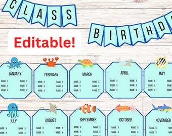 EDITABLE Sea Animal Classroom Birthday Display, Primary School Sea Creatures Birthday Bulletin Board, Birthday Display, Daycare