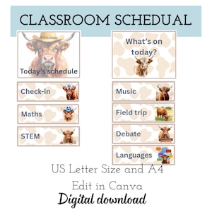 Könnte beinhalten: Ein digitaler Stundenplan für das Klassenzimmer mit Highland-Rind-Illustrationen auf beigem Kuhflecken-Hintergrund. Die Beschriftungen umfassen Check-in, Maths, STEM, Music, Field trip, Debate und Languages. Der Text lautet CLASSROOM SCHEDUAL.