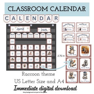 Classroom pocket calendar set, Raccoon classroom theme, Woodland classroom, Raccoon classroom decor, Forest animal theme, classroom calendar