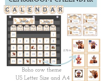 Printable Classroom pocket calendar set, Highland cow classroom theme, Western Cow classroom decor, Farm animal classroom calendar