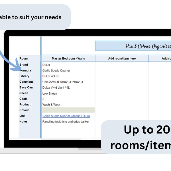 Paint Colour Organiser, Paint Tracker, Google Sheets Planner, Home organiser