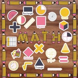 May include: A colourful educational poster with the word "MATH" in large letters surrounded by various geometric shapes, including a circle, square, rectangle, triangle, diamond, and a cone. The poster also includes a protractor, a ruler, and a compass.