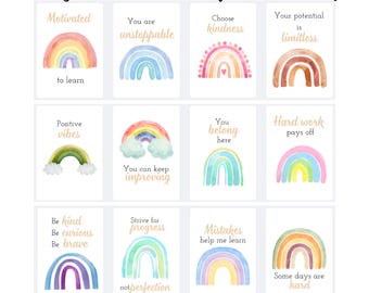 Neutrale motiverende posters met regenboog | Boho-klaslokaaldecoratie | Inspiratieposters Homeschool I Bright Modern bulletinboard-kit voor school