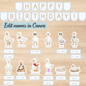 May include: A digital birthday banner template featuring the text HAPPY BIRTHDAY! and twelve watercolor illustrations of geese, each labeled with a month. The design includes editable name tags and the instructional text Edit names in Canva.
