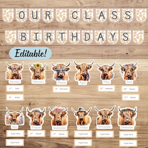 Présentoir d'anniversaire de classe vache Highland MODifiable, tableau d'affichage d'anniversaire d'école primaire, tableau personnalisé de tableau de classe, garde d'enfants