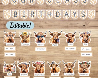 EDITABLE Highland Cow Classroom Birthday Display, Primary School Birthday Bulletin Board Wall, Personalised Classroom Board Chart, Childcare