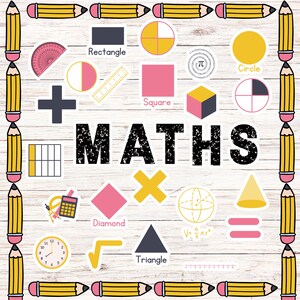 Op de afbeelding: Een kleurrijke educatieve poster met het woord "MATHS" in grote zwarte letters. De poster toont verschillende geometrische vormen, waaronder een cirkel, een vierkant, een rechthoek, een driehoek, een ruit en een kegel. De poster bevat ook een gradenboog, een liniaal en een klok.