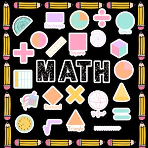 May include: A collection of colorful math-themed stickers on a black background. The stickers include geometric shapes, mathematical symbols, a clock, and the word "MATH" in large letters. Yellow pencils frame the image.