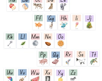 Alphabet classroom poster, abc flash cards, homeschool educational display, pastel alphabet bulletin board, watercolour alphabet chart