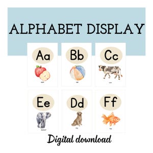 Alphabet poster, abc flash cards, homeschool educational display, pastel alphabet bulletin board, neutral rainbow, kindergarten classroom