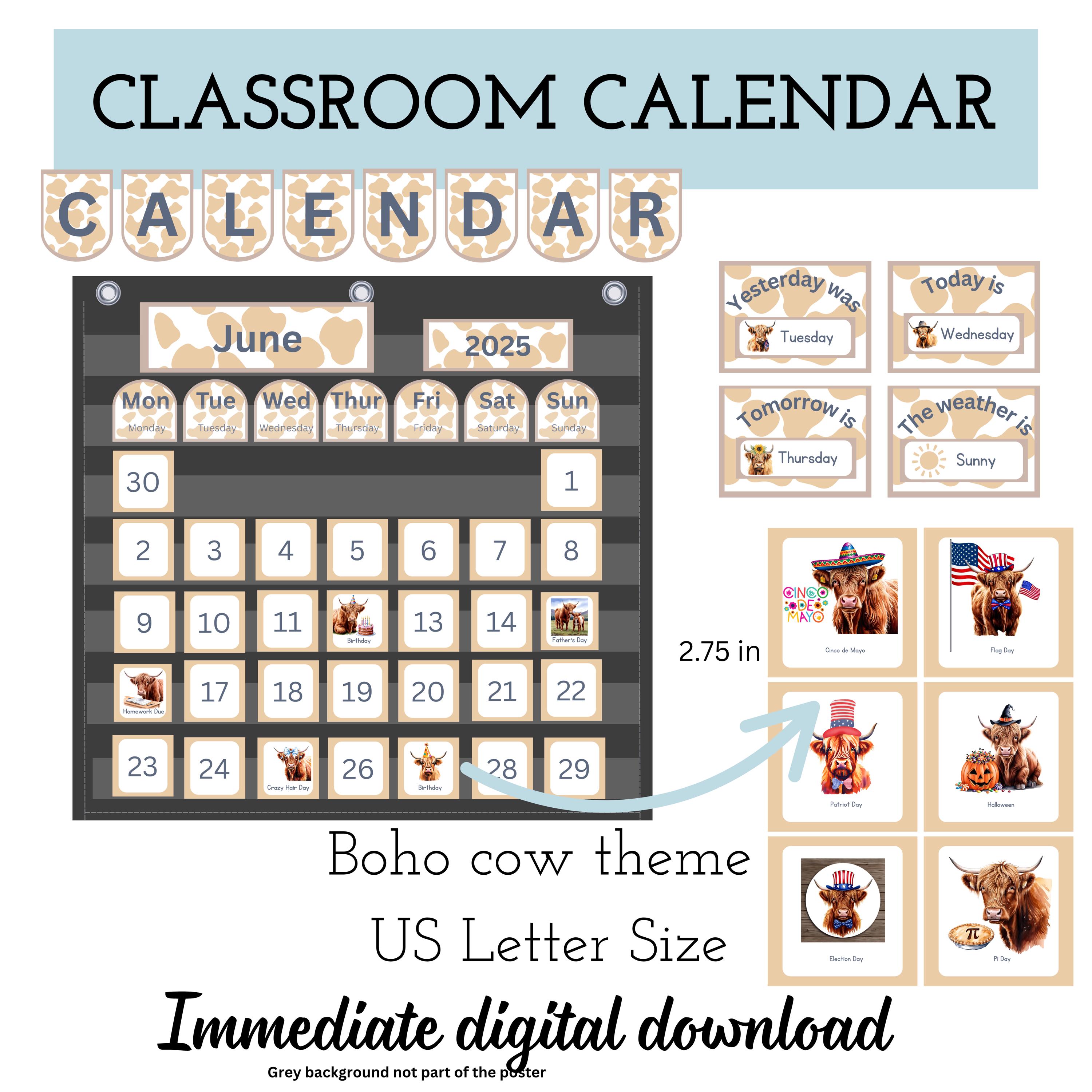 Zakkalender voor de klas, thema Schotse hooglanders, western klaslokaal, decor koe, boerderijdierenthema, kalender voor klaslokalen