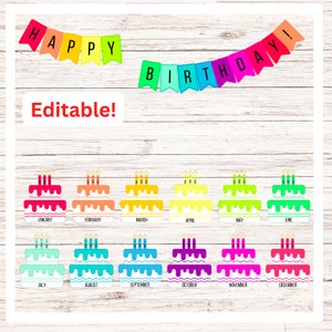 Puede incluir: Un calendario de cumpleaños imprimible con una pancarta que dice "¡Feliz cumpleaños!" y un pastel para cada mes del año. Los pasteles están decorados con velas y glaseado en diferentes colores. El texto "¡Editable!" está en la parte superior del calendario.