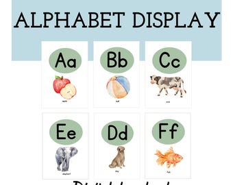 Alphabet poster for PreK, jungle theme, abc flash cards, homeschool display, green alphabet bulletin board, rainbow, playroom decor learning