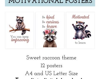 Motivational classroom poster, Raccoon classroom decor, Woodland theme display, motivational posters for school, make mistakes, not yet, SLS