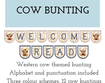 Highland cow bulletin board, Cow classroom decor, Cow classroom decorations, Western classroom decor, Western bunting printable, boho cow