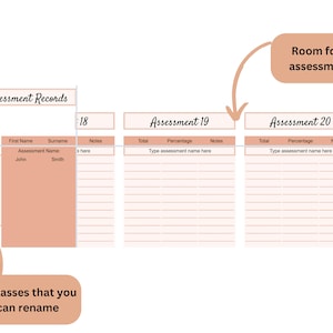 May include: A printable classroom chart for recording student assessments. The chart has space for 6 classes, each with 20 assessments. The chart includes columns for first name, surname, assessment name, total, percentage, and notes.