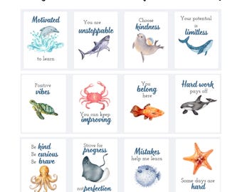 Sea animals bulletin board, Marine classroom decor, Neutral playroom poster, motivational posters for school, Make mistakes, calm corner