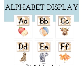Highland cow alphabet classroom poster, highland cow classroom theme, abc flash cards, alphabet bulletin board, watercolour alphabet chart