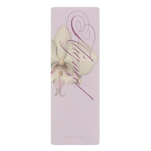 May include: A rectangular yoga mat in a soft lavender shade featuring a large, white orchid blossom with subtle purple accents on the left side. The word Aligned is printed in a dark purple, elegant cursive script across the center of the mat.