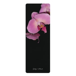 FLOURISH Mat | Pink Orchid Yoga Mat | Floral Black Background, Non-Slip Rubber Pilates Mat
