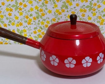 Enamel Fondue Pot Red with White flowers