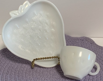 Vintage milk glass strawberry plate and teacup