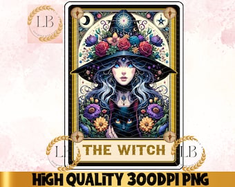 Witch Tarot Card PNG, Black Cat Sublimation Design (Digital Download)