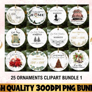Unser erstes Weihnachten verheiratet PNG, Clipart PNG-Bundle, Unser erstes Weihnachten als Mr & Mrs, Unsere erste Wohnung Clipart, Paar Weihnachtsschmuck