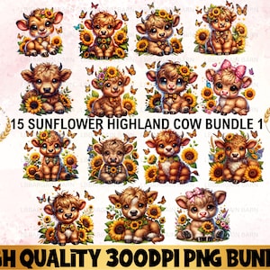 Watercolor Sunflower Highland Cows PNG, Spring Flowers Clipart, Highland Cow Nursery, Baby Cow png Bundle, Cow Sublimation Digital Download