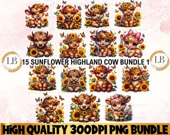 Watercolor Highland Cow Sunflower PNG Bundle, Floral Farm Animal Clipart (Digital Download)