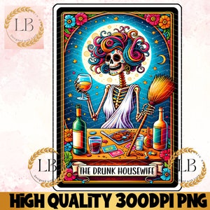 De dronken huisvrouw tarotkaart PNG, sarcastische sublimatie skeletontwerp, Witchy Skull T-shirt, Tumbler digitale clipart direct downloaden