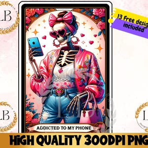 Carta de Tarô Viciada em Meu Telefone PNG, Design Engraçado de Esqueleto por Sublimação, Camiseta com Caneca e Tarô de Caveira Gótica PNG, Clipart Digital