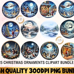 Watercolor Christmas Ornament Clipart, Christmas Winter Clipart PNG Bundle, Round Ornament png, Christmas Village Sublimation Designs PNG