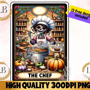 Die Chef-Tarot-Karte PNG, lustige Skelett-Koch-Sublimationsdesign, Papa-Schädel, die Becher kocht, Gothic-Koch-Digital Clipart, Instant Download