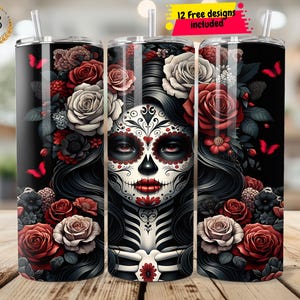 Tag der Toten Hexe Tumbler Wrap, Zuckerschädel 20 oz Skinny Tumbler Sublimation Design, digitaler Download PNG, La Catrina Skeleton png
