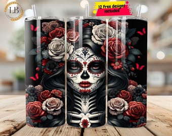 Day of the Dead Witch Tumbler Wrap, Sugar Skull 20 oz Skinny Tumbler Sublimation Design, La Catrina Sugar Skull Digital Download PNG