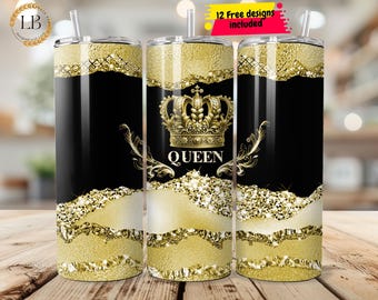 Gold Queen Glitter Pattern 20 OZ Skinny Tumbler Design, Straight Sublimation Wrap Design Tumbler PNG Wrap Template, DIY Tumbler Wrap