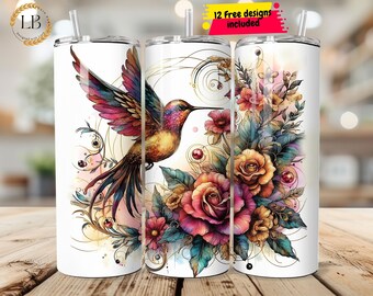 Watercolor Floral Hummingbird png, 20 oz Skinny Tumbler Sublimation Design, Digital Download PNG Instant DIGITAL ONLY, Roses Tumbler Wrap