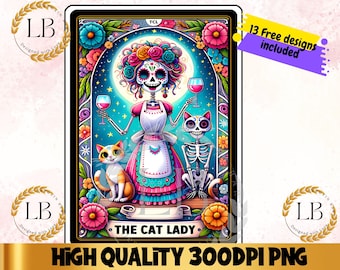 Carta de tarot de la Señora de los Gatos PNG, Diseño de sublimación de esqueleto (Descarga digital)
